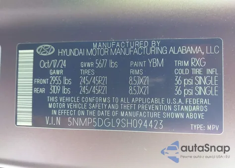 2025 Hyundai Santa Fe Calligraphy z USA, uszkodzony, nr VIN 5NMP5DGL9SH094423